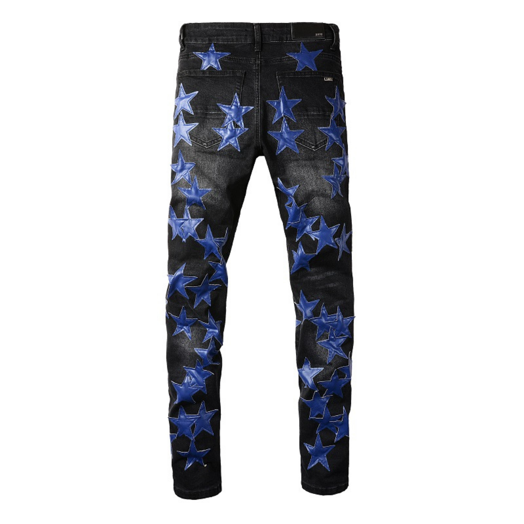 Amiri Marineblaue Sternen-Patch Jeans: Designer Denim mit Stretch Slim Fit