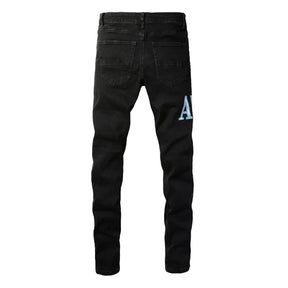 Amiri Herren Blaue Patch Jeans: Luxuriöse Denim Streetwear mit Stil