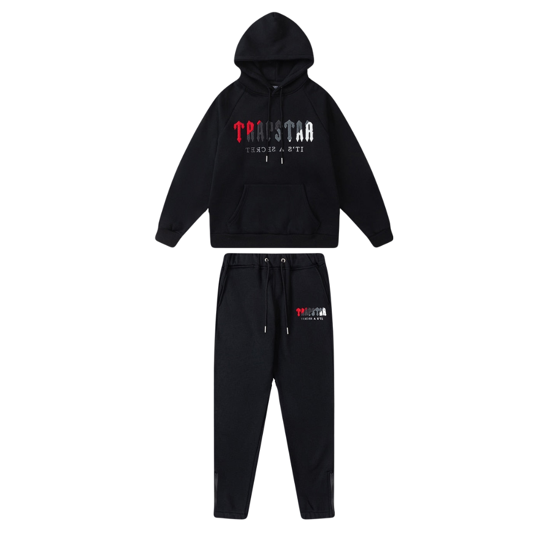 Trapstar Chenille Decoded Trainingsanzug: Schwarz-Rot, Weich, Stylisch für Urban Streetwear