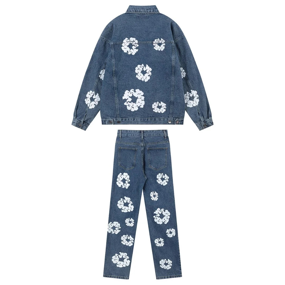 Denim Tears Blaues Baumwoll-Set: Trendige Jacke & Hose für Streetwear-Fans